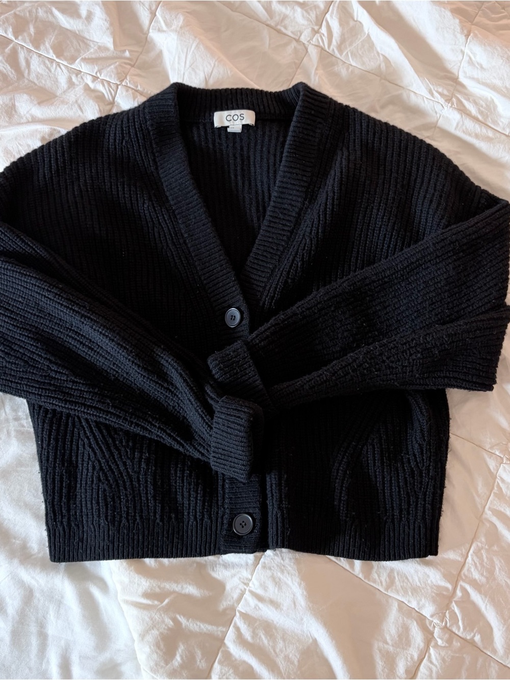 COS Black Ribbed V-Neck Button-Up Cardigan